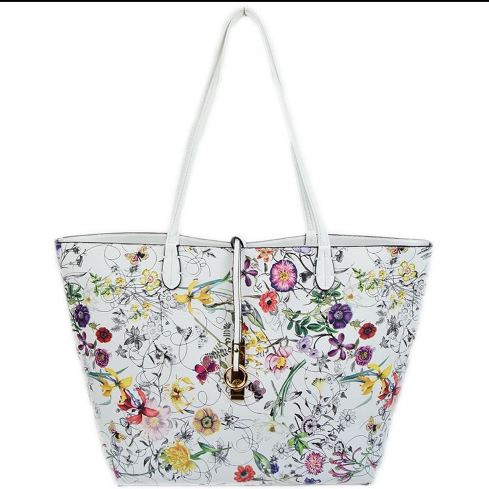 Fabriano Italia Tote Shoulder Bag Reversible Floral/Beige Made in Italy leather
